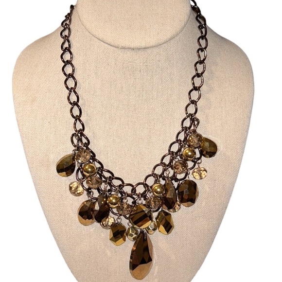 Antique Bronze Chain Necklace With Amber Colored Faceted Beads - Picture 2 of 5